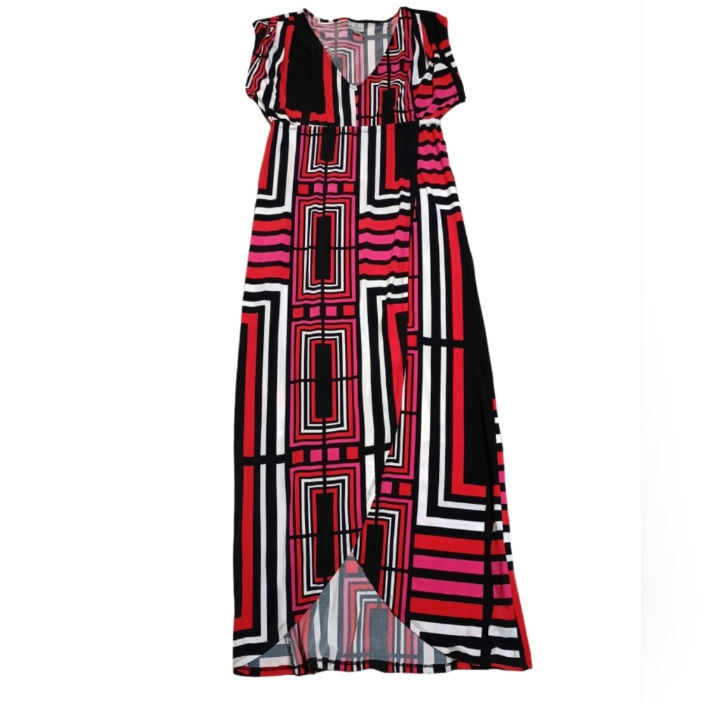 Worthington Geometric Maxi Dress in Red, Pink & Black